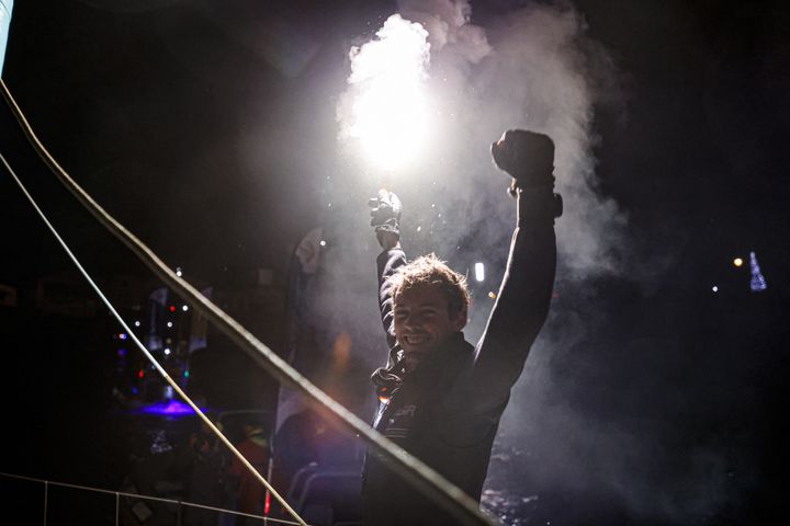 Thomas Ruyant arrives in Les Sables d'Olonne on his Imoca Linkedout boat on January 27, 2021, after a Vendée Globe 2020/2021 in 80 days, 15 hours, 22 minutes and one second.  (PIERRE BOURAS / DPI VIA AFP)