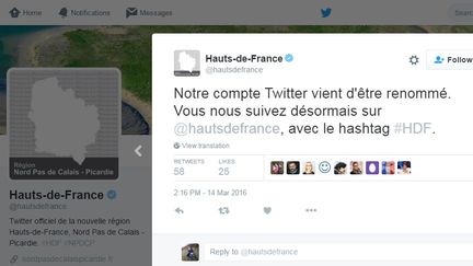 Dans un tweet, la région annonce son changement de nom, lundi 14 mars 2016.&nbsp; (TWITTER)