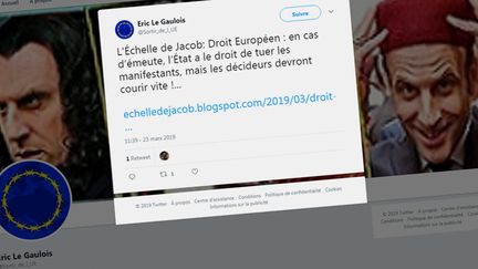 Une fausse information, notamment relayée par le blog L'Échelle de Jacob, affirme qu'un&nbsp;État membre de l'UE peut tuer des manifestants en cas d'émeute. (CAPTURE D'ECRAN TWITTER)