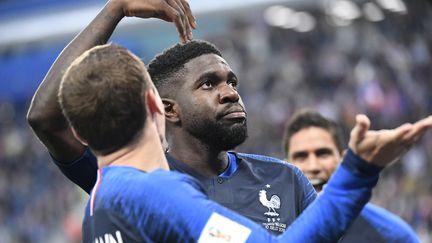 Samuel Umtiti après son but contre la Belgique, mardi 10 juillet 2018 à Saint-Pétersbourg (Russie). (CHRISTOPHE SIMON / AFP)