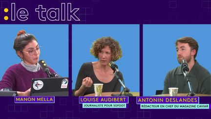 Louise Audibert, journaliste pour le magazine Sofoot, et Antonin Deslandes, rédacteur en chef du magazine Caviar, invités du Talk franceinfo le 22 novembre 2022. (CAPTURE D'ECRAN TWITCH)