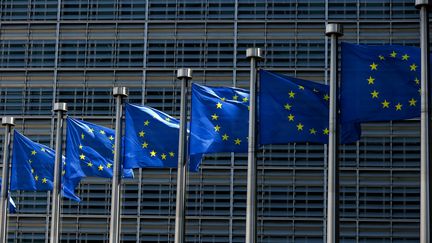 Des drapeaux européens à Bruxelles, le 16 juin 2022. (KENZO TRIBOUILLARD / AFP)