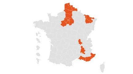 La carte des vingt départements en "surveillance renforcée" le 25 février 2021.&nbsp; (FRANCEINFO)