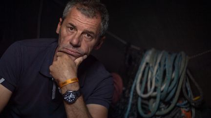 Le skippeur de Merci, Sébastien Destremeau, au départ du Vendée Globe 2021 (LOIC VENANCE / AFP)