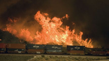 Une colline est en proie aux&nbsp;flammes, devant une ligne de chemin de fer, à Devore (dans le comté de San Bernardino), le 16 août 2016. (JAMES QUIGG / AP)