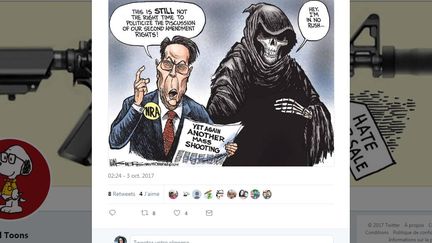 Le dessinateur de presse américain Kevin Siers met en cause, dans un tweet posté le 3 octobre 2017, le lobby des armes la NRA après la fusillade de Las Vegas (Etats-Unis). (KEVIN SIERS / TWITTER)