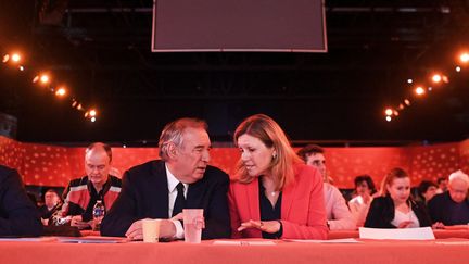 The president of MoDem, François Bayrou, and Yaël Braun-Pivet, president of the National Assembly, in Blois (Loir-et-Cher), March 24, 2024. (SEBASTIEN SALOM-GOMIS / AFP)