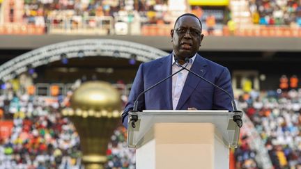 Le président sénégalais Macky Sall lors de l'ouverture du stade du Sénégal à Dakar, le 22 février 2022. (CEM OZDEL / ANADOLU AGENCY)