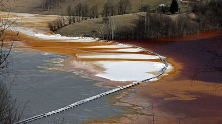 La chaux dessine des stries blanches et laiteuses sur la surface du bassin de décantation de Geamana. (BOGDAN CRISTEL / REUTERS)