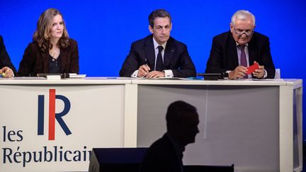 &nbsp; (Nicolas Sarkozy, président des Républicains, entouré de Nathalie Kosciusko-Morizet, numéro deux, et de Jean-Pierre Raffarin, président du Conseil national, samedi à la Mutualité, à Paris  © Maxppp)