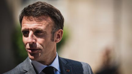 Le chef de l'Etat Emmanuel Macron, le 21 juillet 2023 à Paris. (XOSE BOUZAS / HANS LUCAS / AFP)