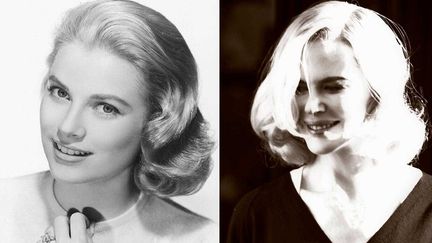 Un portrait de Grace Kelly, &agrave; c&ocirc;t&eacute; d'une photo de l'actrice Nicole Kidman, laquelle incarnera la princesse de Monaco, dans le prochain film du r&eacute;alisateur Olivier Dahan. (OLIVA CLAUDIA/OLYCOM/SIPA)