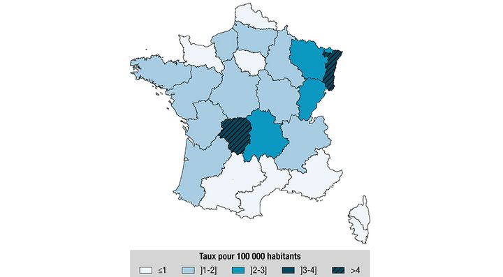 Taux d'incidence hospitalière annuel moyen pour la borréliose de Lyme par région de résidence ou d'hospitalisation, France métropolitaine, 2005-2016. (SANTE PUBLIQUE FRANCE)