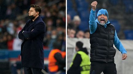 Mauricio Pochettino, entraîneur du PSG (à gauche) et Jorge Sampaoli, entraîneur de l'OM (à droite),&nbsp;ont deux styles complètement différents, tant sur le terrain qu'en dehors. (Jose Breton / NurPhoto / NurPhoto via AFP - Fabrice COFFRINI / AFP)