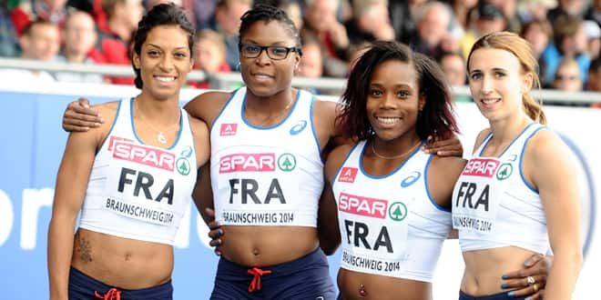 Jennifer Galais, Ayodele Ikuesan, Stella Akakpo et Céline Distel (de g. à d.), les filles du relais 4x100 m