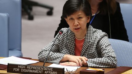 Izumi Nakamitsu,&nbsp;responsable du désarmement à l'ONU, lors d'une réunion du Conseil de sécurité de l'ONU, le 18 avril 2018. (MOHAMMED ELSHAMY / ANADOLU AGENCY / AFP)