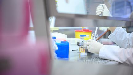 Un test&nbsp;pour le nouveau coronavirus 2019-nCov est pratiqué lors d'une visite de presse dans un laboratoire de l'Office national de la santé à Stuttgart en Allemagne, le 30 janvier 2020.&nbsp; (SEBASTIAN GOLLNOW / DPA / AFP)