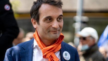 Florian Philippot, président des Patriotes, lors d'un rassemblement du parti contre les mesures du gouvernement contre le Covid-19, à Lyon (Rhône), le 17 avril 2021. (NICOLAS LIPONNE / HANS LUCAS / AFP)