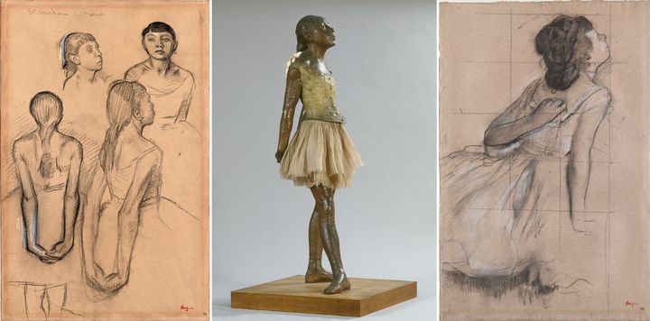 Edgar Degas, "Quatre études d'une danseuse", 1878-79 - "Petite danseuse de quatorze ans", 1921-1931, fonte (fondeur Adrien-Aurélien Hébrard) "Danseuse se grattant le dos", entre 1873 et 1876 - Paris, musée d'Orsay
 (A gauche et à droite, photo © RMN-Grand Palais (musée d’Orsay) / Adrien Didierjean - Au centre, © Musée d&#039;Orsay, Dist. RMN-Grand Palais / Patrice Schmidt)