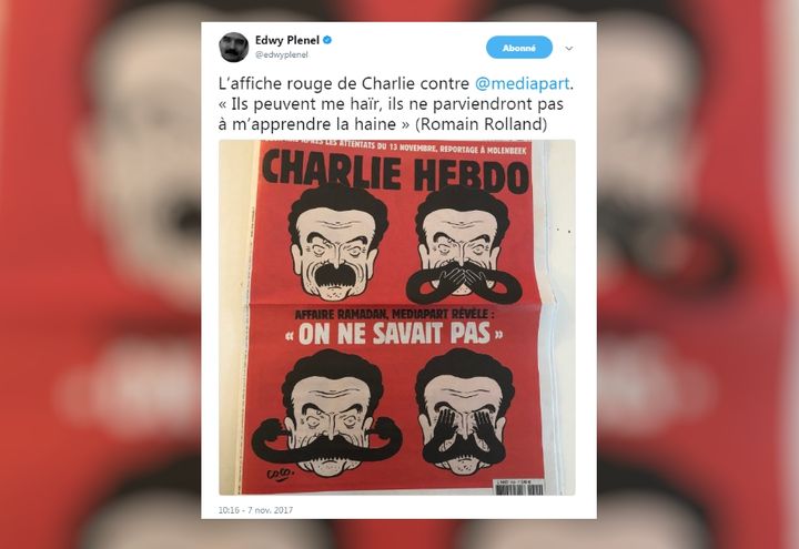 Capture d'écran d'un tweet d'Edwy Plenel répondant, le 7 novembre 2017, à "Charlie Hebdo". (TWITTER / FRANCEINFO)