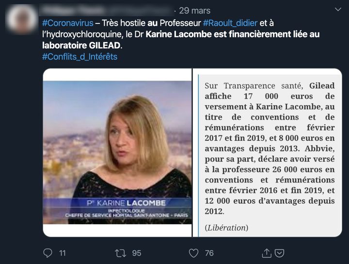 Capture d'écran d'un tweet datant du 29 mars, évoquant une relation financière entre le laboratoire pharmaceutique américain Gilead et Karine Lacombe. (CAPTURE ECRAN)