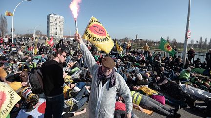 Un militant anti-nucl&eacute;aire &agrave; l'occasion d'une manifestation, dimanche 9 mars, pour la fermeture de la centrale de Fessenheim (Haut-Rhin).&nbsp; (FREDERICK FLORIN / AFP)