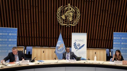 Conférence de presse de l'OMS sur le coronavirus, le 3 juillet 2020 à Genève, en Suisse.&nbsp; (FABRICE COFFRINI / AFP)