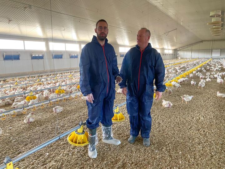 Jérémy Choquet et son père Jean-Michel, éleveurs de volailles, dans leur exploitation à Trédion (Morbihan). (LAURIANE DELANOË / RADIO FRANCE)