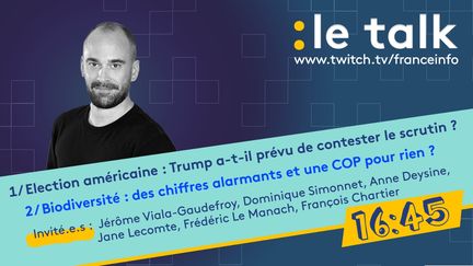 Dans le Talk de franceinfo, Ludovic Pauchant et ses invités échangent autour des élections américaines qui approchent et du bilan de la COP 16 biodiversité qui se tient en Colombie. (Cyril Balta)