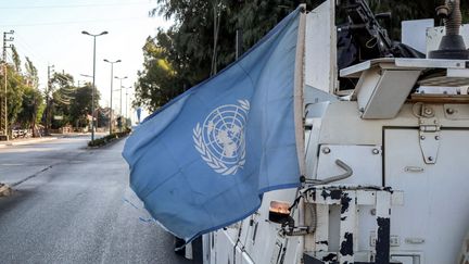 A United Nations flag flies on a UNIFIL armored vehicle during a patrol in southern Lebanon, in Marjayoun, October 8, 2024. (AFP)