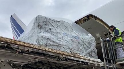 Des masques en provenance de Chine sont débarqués d'un avion cargo d'Air France, le 29 mars 2020 à l'aéroport de Roissy. Le transport des vaccins par avion cargo est un réel défi logisitique pour le fret aérien.&nbsp; (AIR FRANCE / AFP)