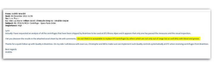 Extrait d’un échange de mails interne à Haemonetics en décembre 2011. (CELLULE INVESTIGATION DE RADIOFRANCE)