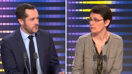 Nicolas Bay, le vice-président exécutif de Reconquête ! et Nathalie Arthaud, la candidate de Lutte Ouvrière à la présidentielle étaient les invités du 8h30 franceinfo samedi 12 mars 2022. (FRANCEINFO / RADIOFRANCE)