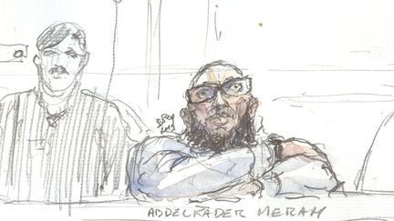 Un dessin de presse représentant Abdelkader Merah, le frère du terroriste de Toulouse, à son procès le 25 mars 2019. (BENOIT PEYRUCQ / AFP)