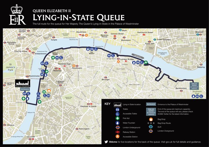 Le tracé officiel de la file d'attente pour se recueillir devant le cercueil de la reine Elizabeth II à Londres,&nbsp;en date du&nbsp;15 septembre 2022. (DEPARTMENT FOR DIGITAL, CULTURE, MEDIA & SPORT)