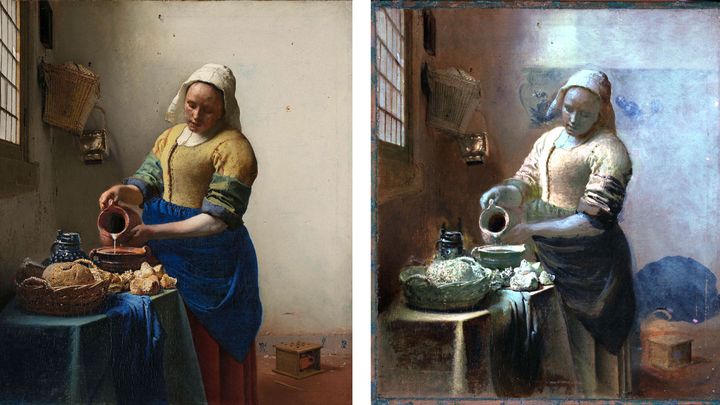 Johannes Vermeer, "La Laitière", c. 1660k, Rijksmuseum, Amsterdam. A droite, un scan réalisé avec les techniques les plus modernes a révélé des dessins sous-jacents : false colour SWIR Image of The Milkmaid. (Foto: Rijksmuseum / Kelly Schenk)