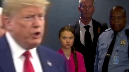 Greta Thunberg&nbsp;lors de l'arrivée de Donald Trump au sommet pour le climat, à New York, le 23 septembre 2019. (ANDREW HOFSTETTER / REUTERS)