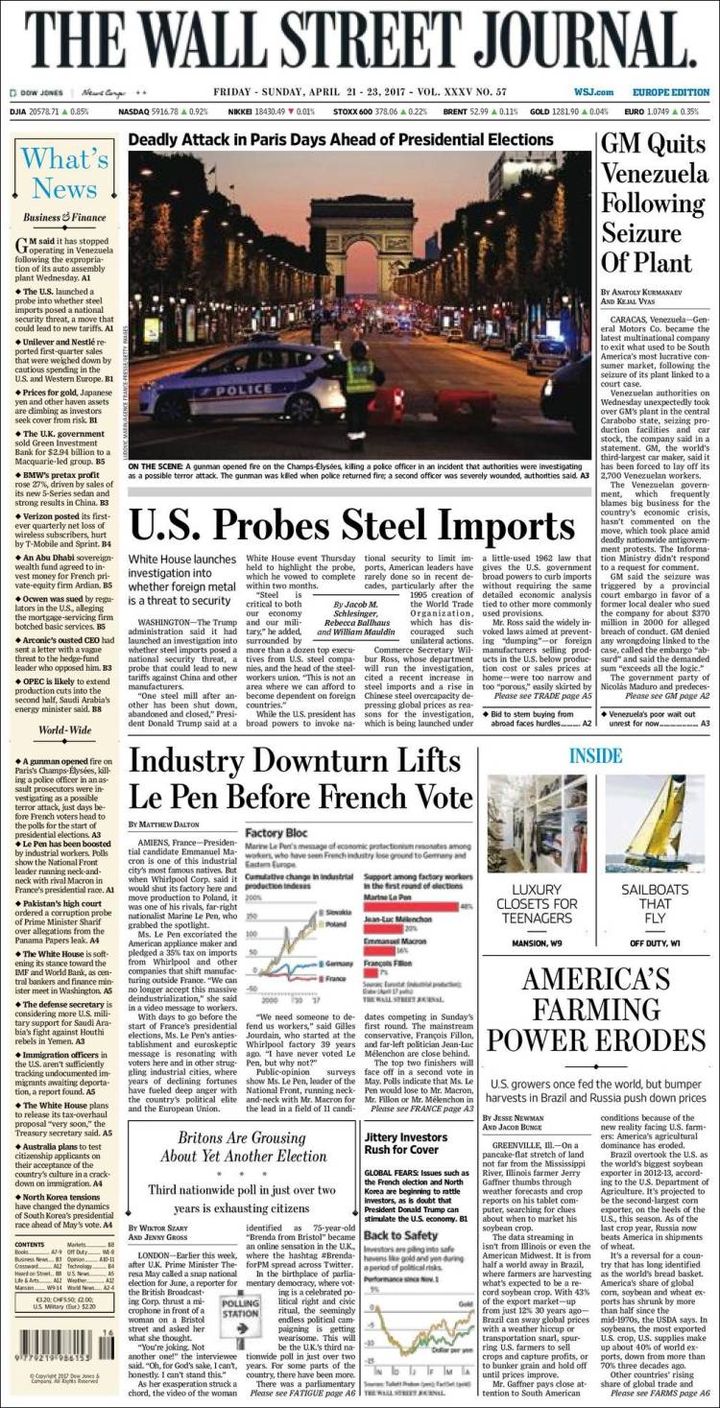 La une du Wall Street Journal, le 21 avril 2017. (FRANCEINFO)