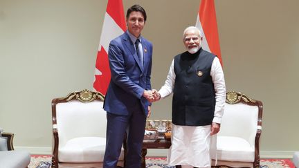 Le premier ministre canadien Justin Trudeau et son homologue indien Narendra Modi lors du sommet du G20 le 10 septembre 2023 (MEA / HANDOUT / MAXPPP)