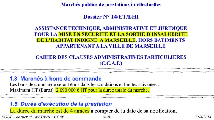 Extraits du marché public de prestations intellectuelles n°14/ET/EHI émis par la ville de Marseille le 25 avril 2014.&nbsp; (DR)