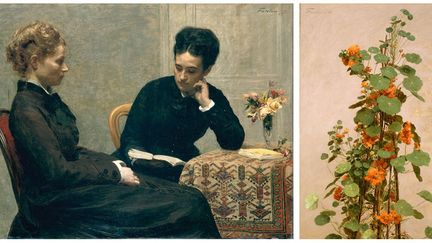 Henri Fantin-Latour : A gauche, "La lecture", 1877, Lyon, musée des Beaux-Arts - A droite, "Capucines doubles", 1880, Royaume-Uni, Londres, Victoria and Albert Museum 
 (A gauche © musée des Beaux-Arts de Lyon / Photo Alain Basset - A droite © Victoria and Albert Museum, Londres)