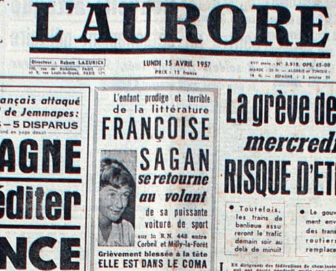 Une de l&#039;Aurore du 15 avril 1957 relatant l&#039;accident de voiture dont a été victime Françoise Sagan 
 (NC)