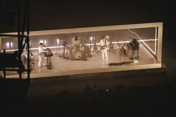 Jean-Benoît Dunckel, Nicolas Godin and, in the middle, drummer Louis Delorme, on stage at the Nuits de Fourvière in Lyon, June 18, 2024. (PAUL BOURDREL / NUITS DE FOURVIERE)