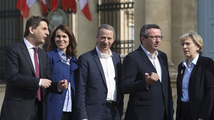 Les frondeurs du Parti Socialiste, le 11 mai 2015 :&nbsp;Daniel Goldberg, Aurelie Filippetti, Laurent Baumel, Christian Paul et&nbsp;Marie- Noelle Lienemann. (JOEL SAGET / AFP)