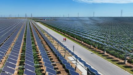 Une installation de panneaux solaires, à Yinchuan (centre de la Chine), le 21 juin 2024. (CFOTO / NURPHOTO / AFP)