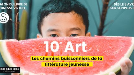 Affiche du Salon du livre et de la presse jeunesse virtuel de Montreuil&nbsp;"10e Art, les chemins buissonniers de la littérature jeunesse", 8 avril 2020 (SLPJ 2020)