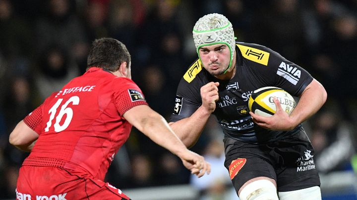 Le troisième ligne rochelais Grégory Alldritt lors de la rencontre entre La Rochelle et Lyon, le 17 mars 2018. (XAVIER LEOTY / AFP)