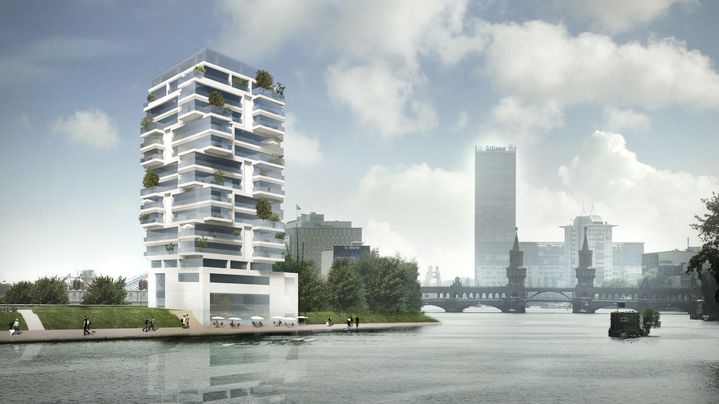 Le projet d'immeuble de 36 appartements qui doit &ecirc;tre construit le long de la Spree et du Mur de Berlin (Allemagne). (LIVING BAUHAUS / AFP)