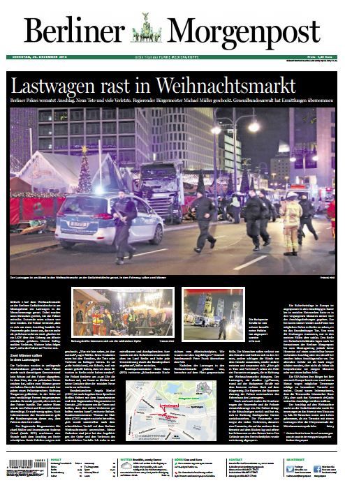 La une du "Berliner morgenpost" est noire, mardi 20 décembre. "Le camion fonce sur&nbsp;le marché de Noël", titre le quotidien. (BERLINER MORGENPOST)