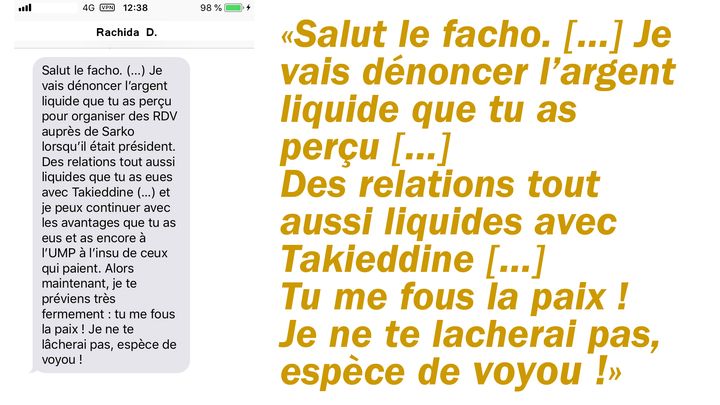 Reconstitution du SMS reçu par Brice Hortefeux de la part de Rachida Dati. (RADIO FRANCE)